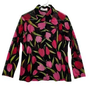 Anna Paganie Shirt Womens Medium Tulip Floral Sheer Mesh Button Blouse